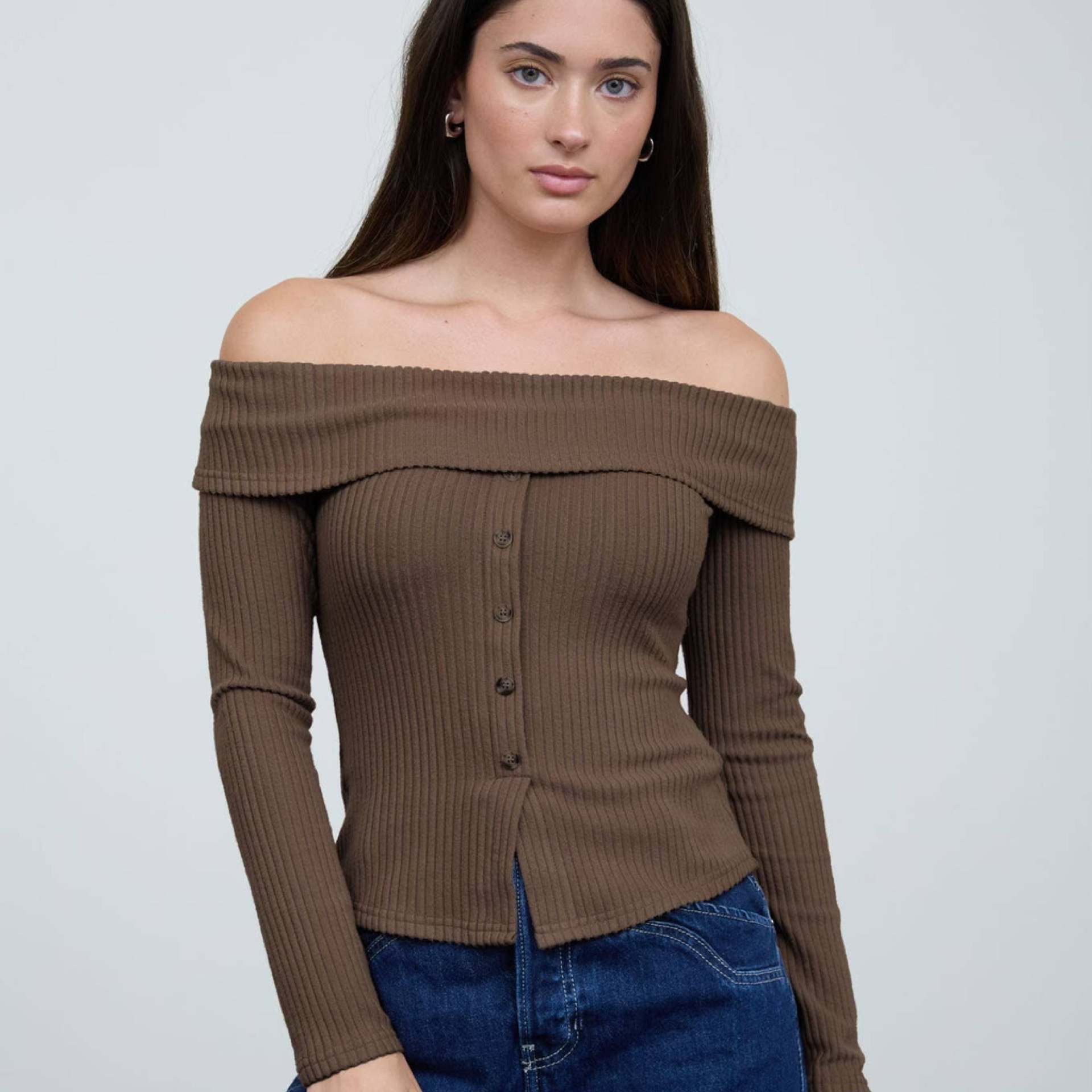 Off Shoulder Button Down Rib Knit Top