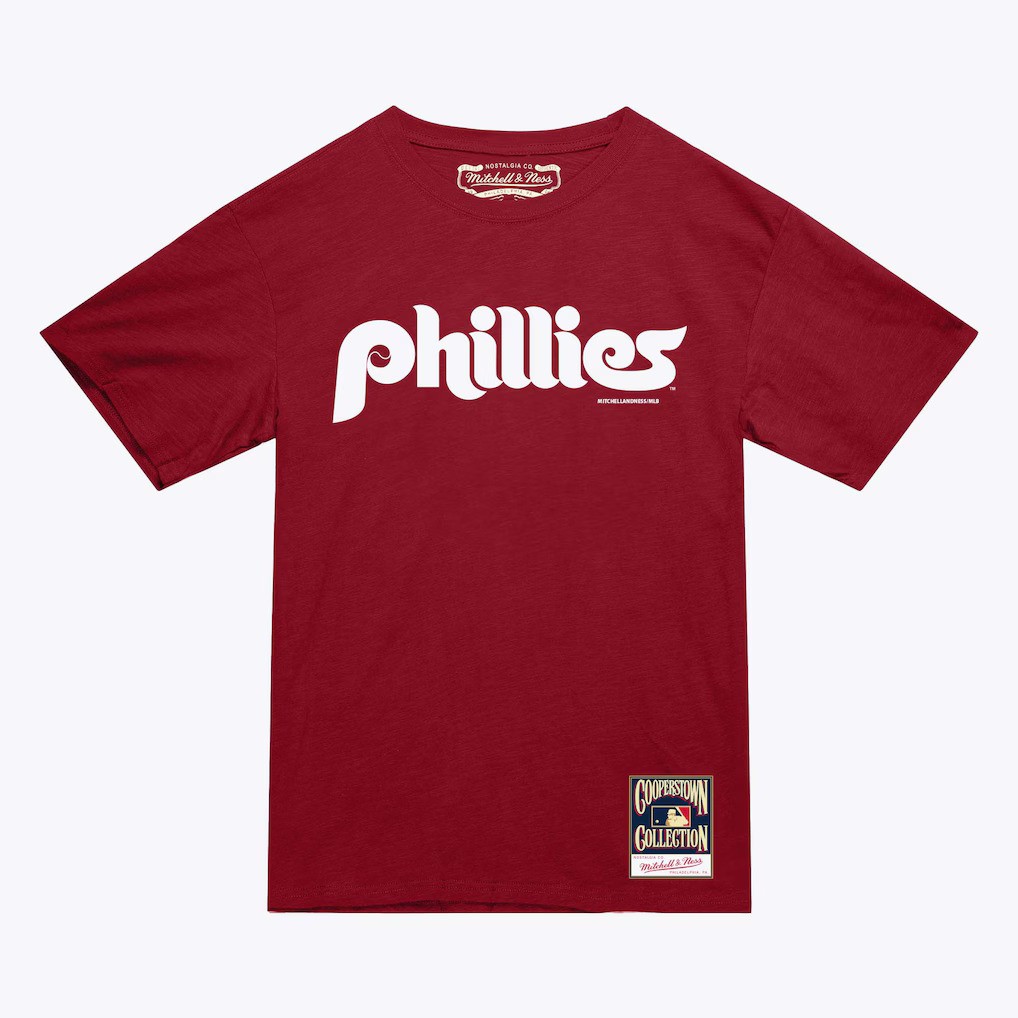 Philadelphia Phillies Retro Maroon Mitchell and Ness Wordmark Shirt
