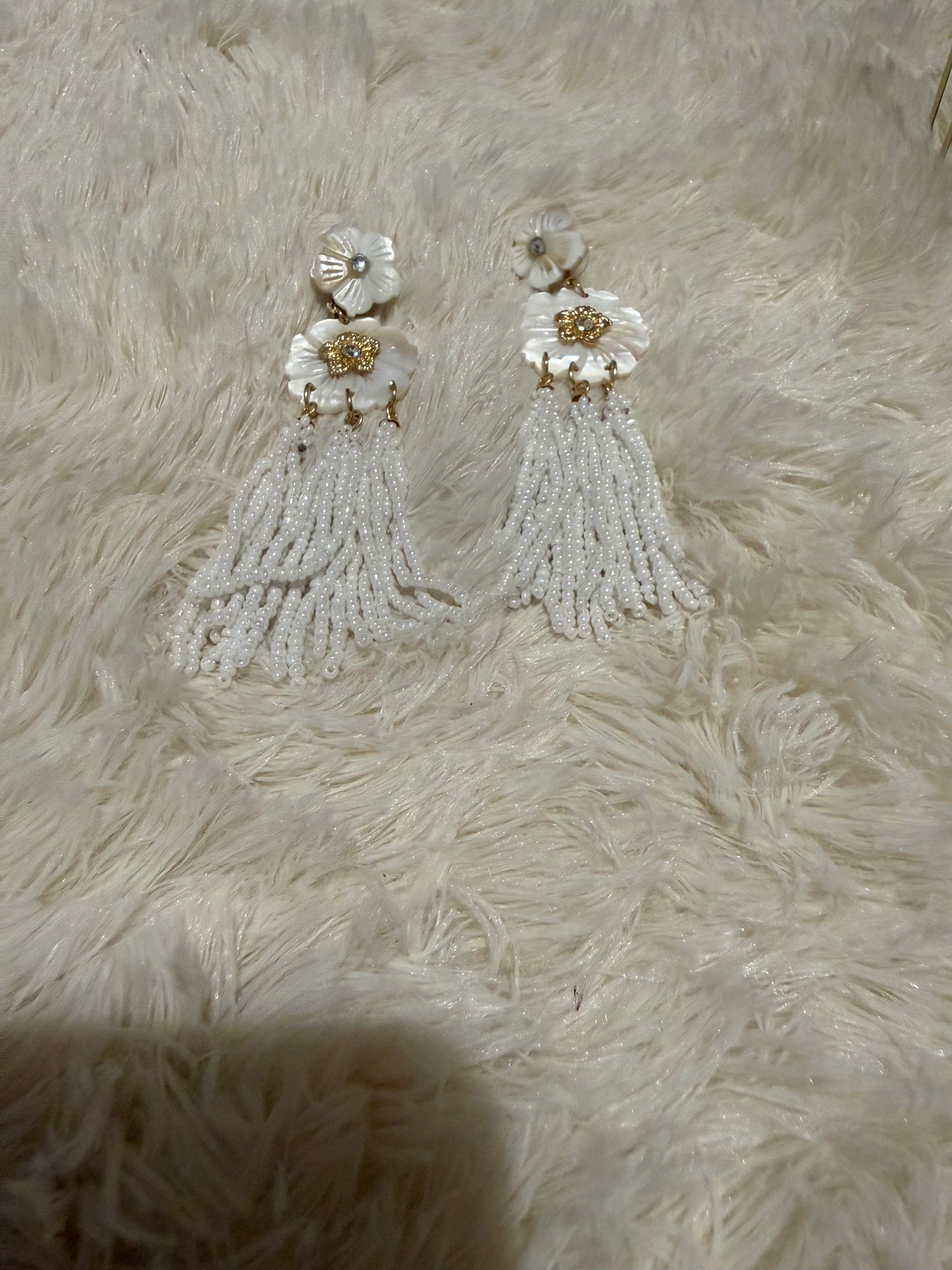 White Floral Fringe Earrings