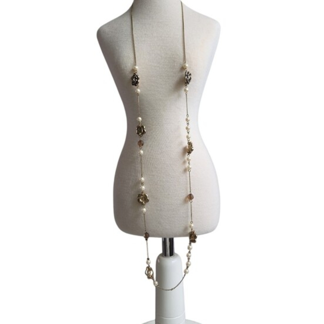 Vintage Long Gold Tone Brown Bead Roses Pearl Accent Necklace 38"