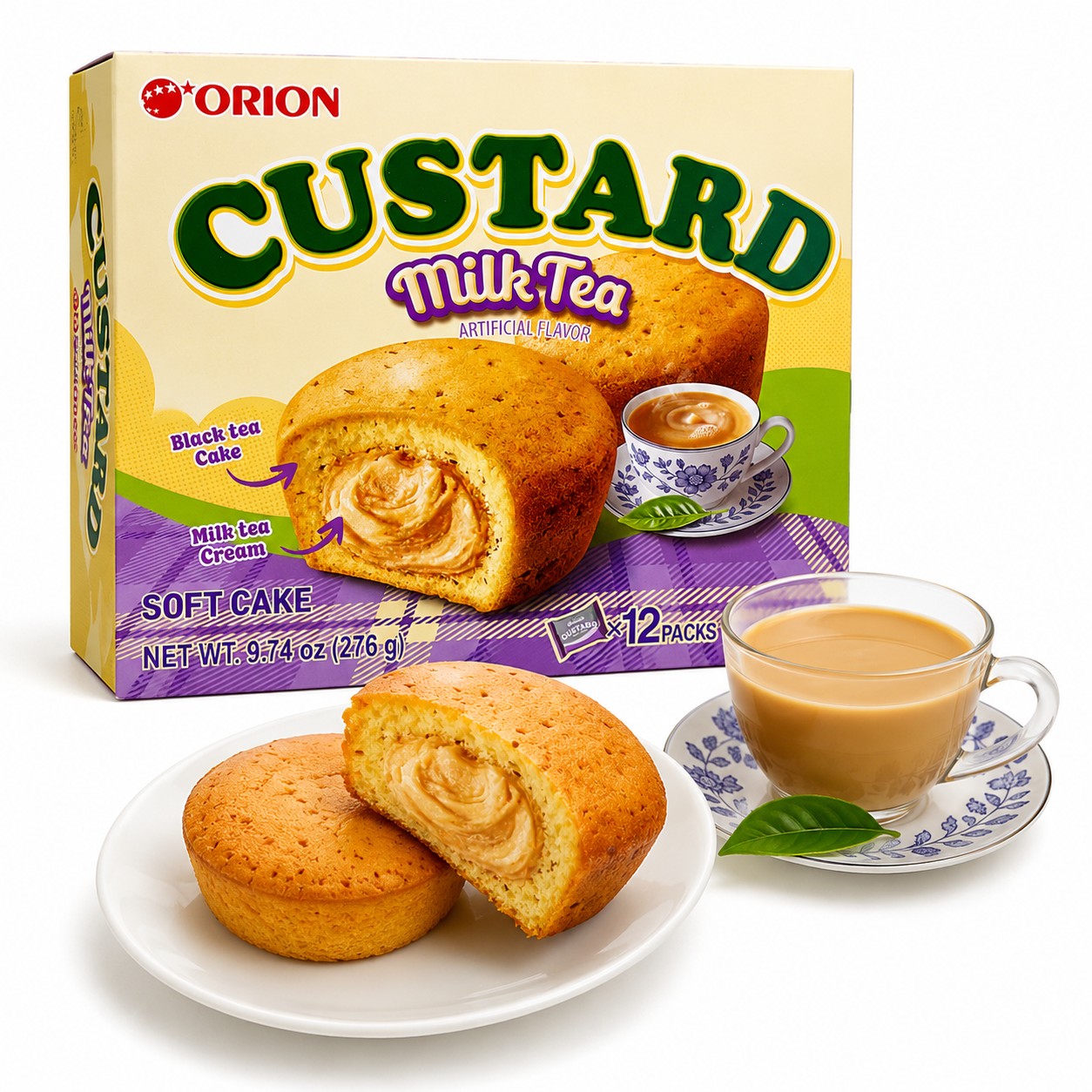 Orion Korea Custard Milk Tea Soft Cakes 12 ct 9.74oz Box 4 Pack