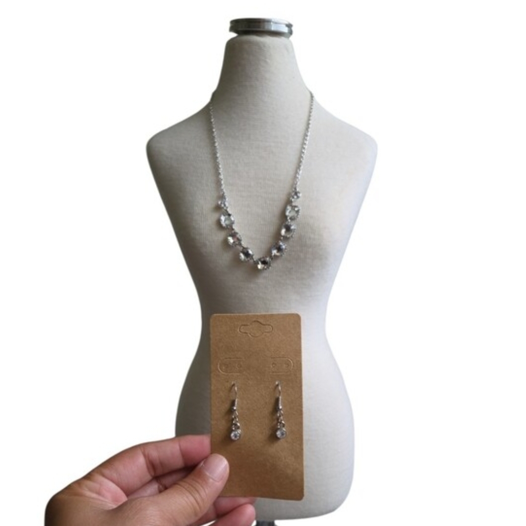 Silver Toned Crystal Necklace and Drop Earring Set