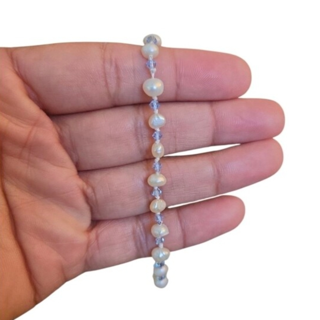 Vintage Silver Toned Freshwater Pearl and Light Blue Crystal Bracelet