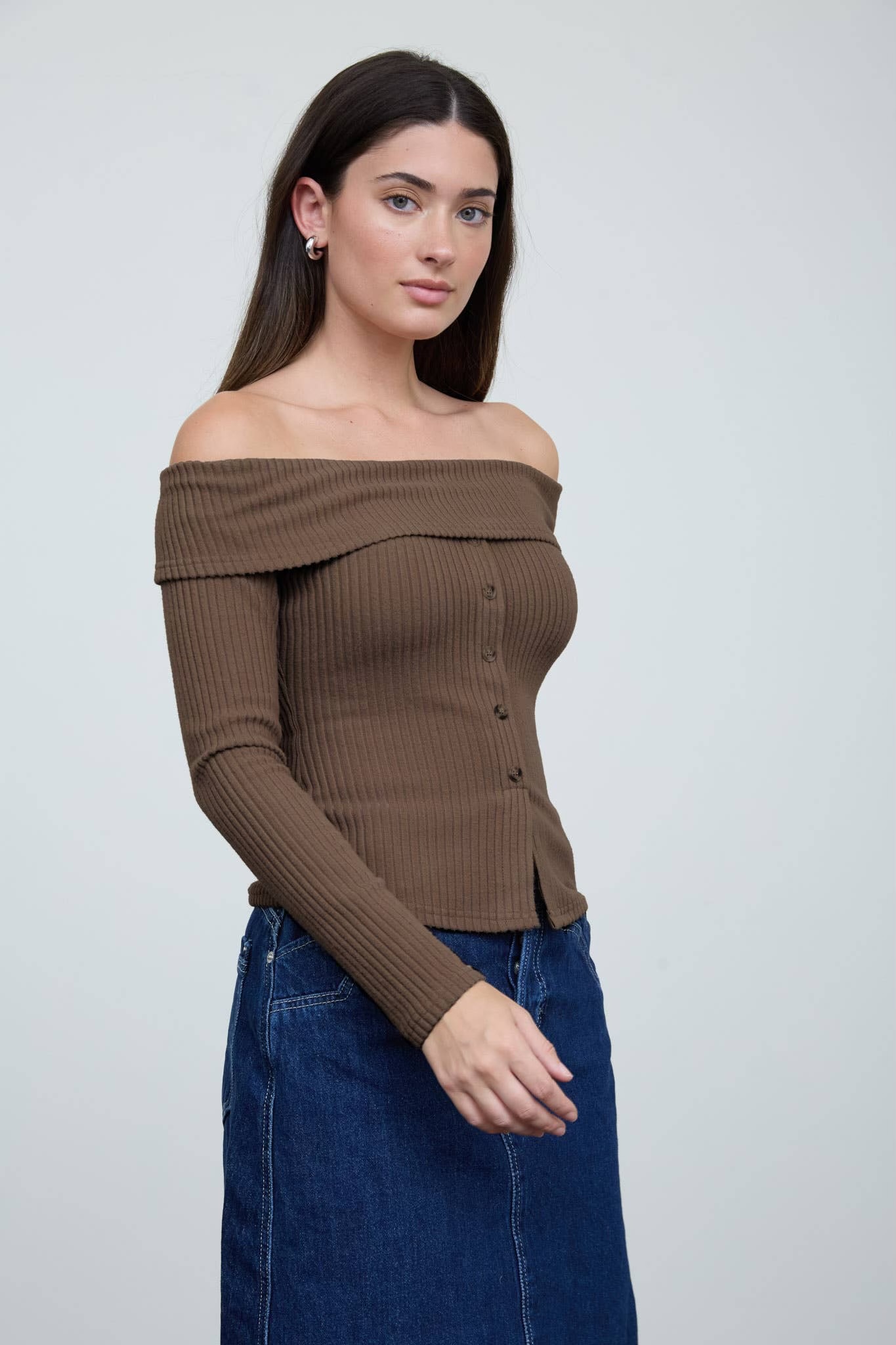 Off Shoulder Button Down Rib Knit Top