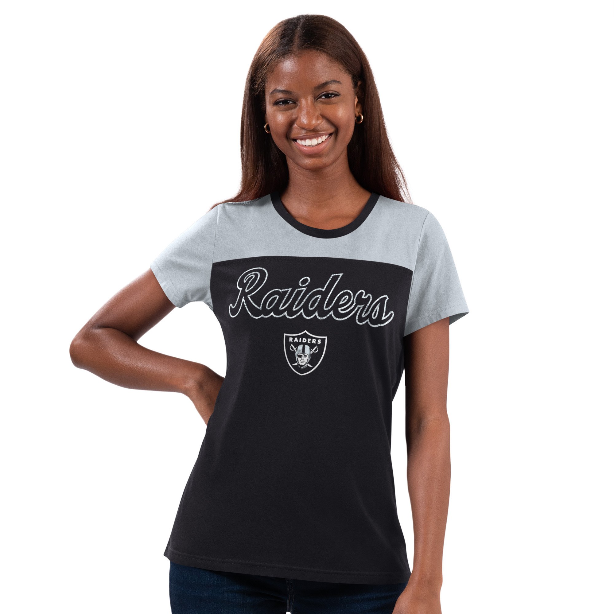 Las Vegas Raiders Ladies Black/Grey Glitter g-III Shirt