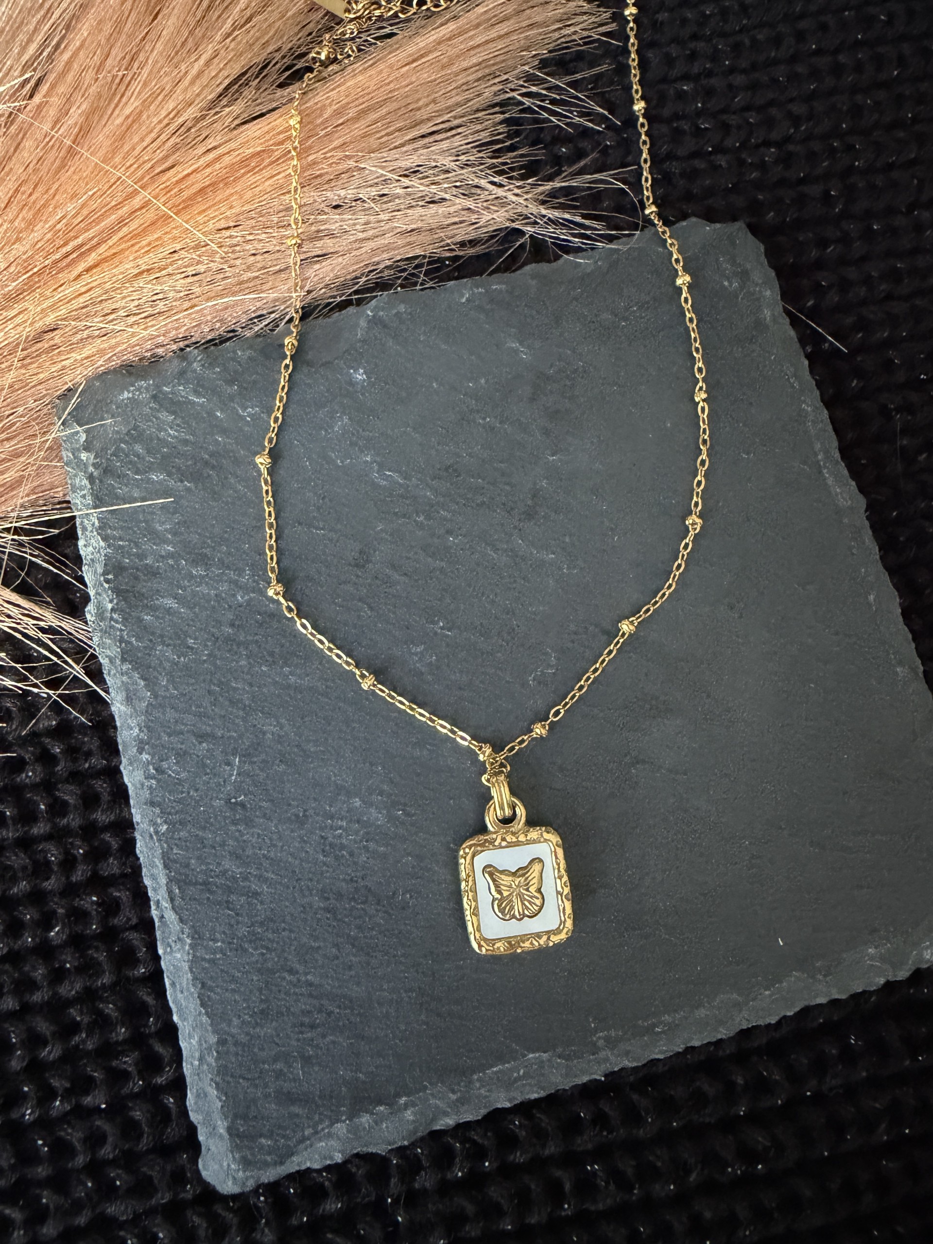 Gold Plated 304 Stainless Steel Square Butterfly Pendant Necklace
