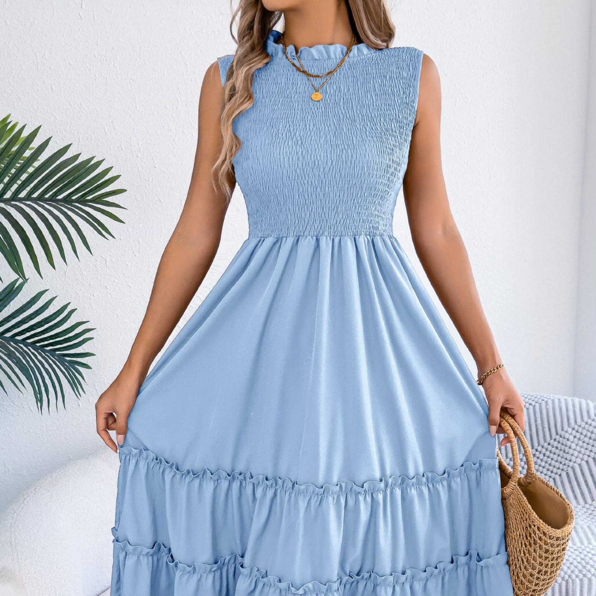Light Blue Smocked Sleeveless Ruffle Tiered Maxi Dress