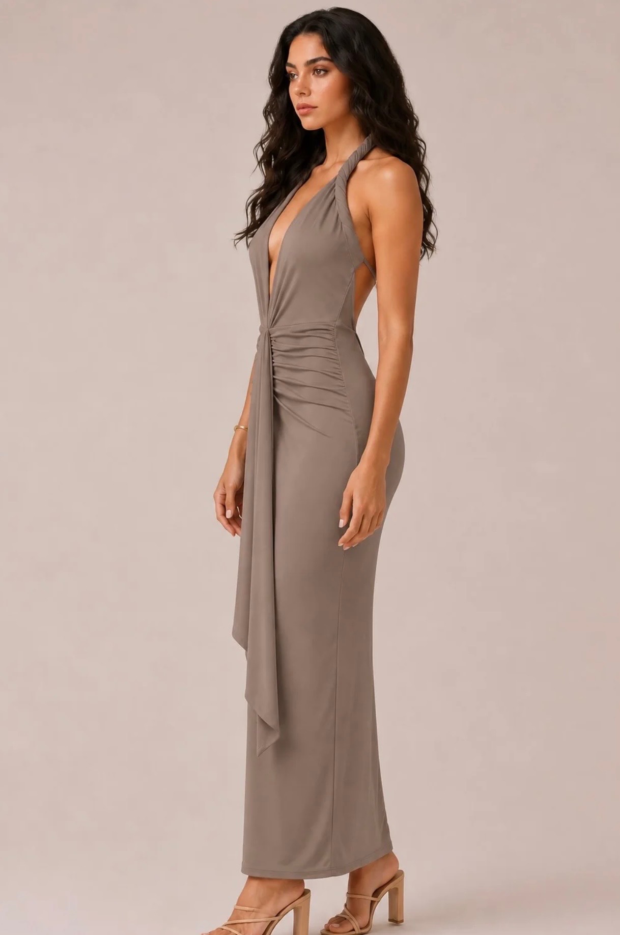 Front Bow Tie Mocha Dress