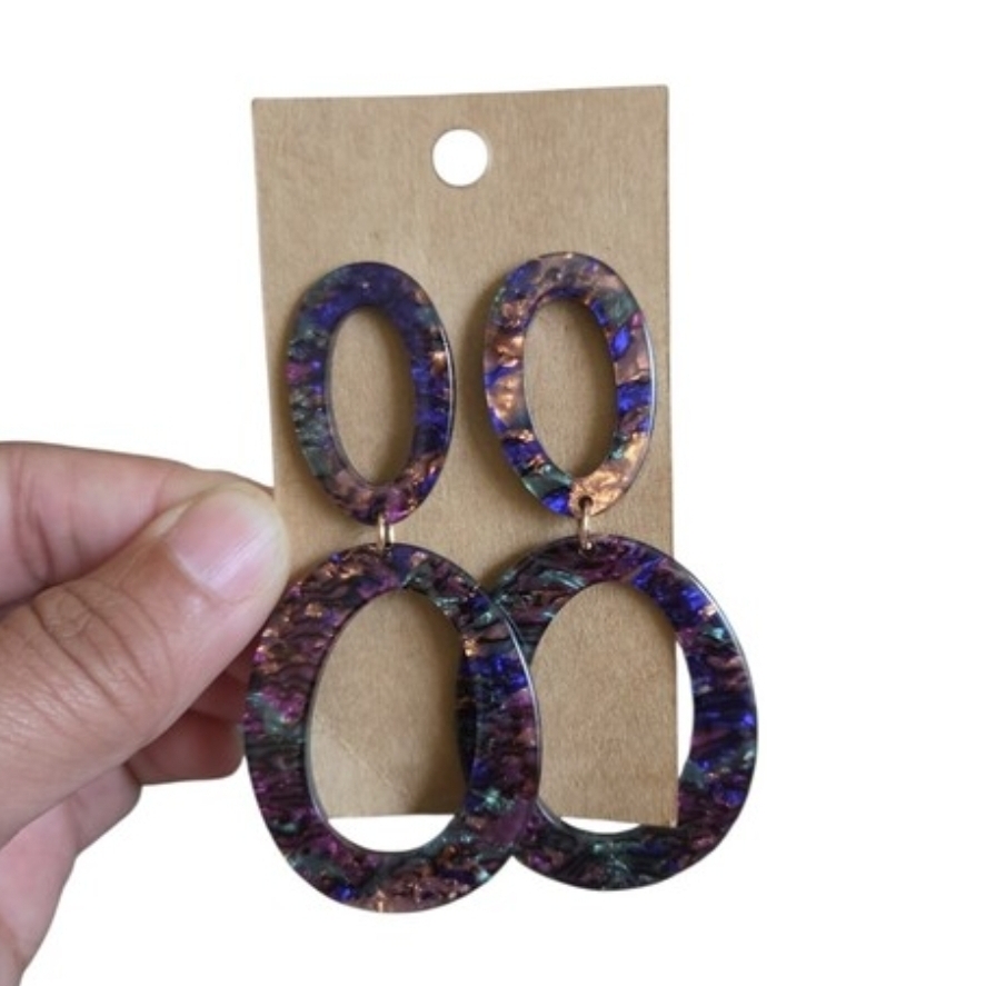 Purple Marbled Double Oval Drop Earrings 3" New
