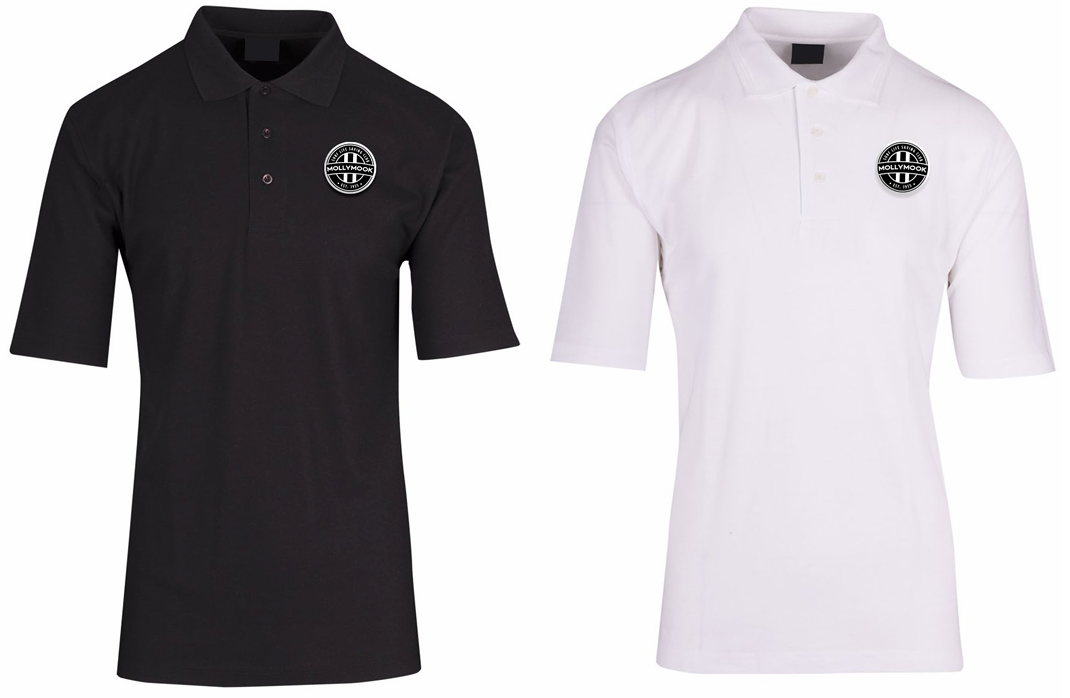 Black and white Mollymook polo shirts shown from the front with circular club badges on the left chest.