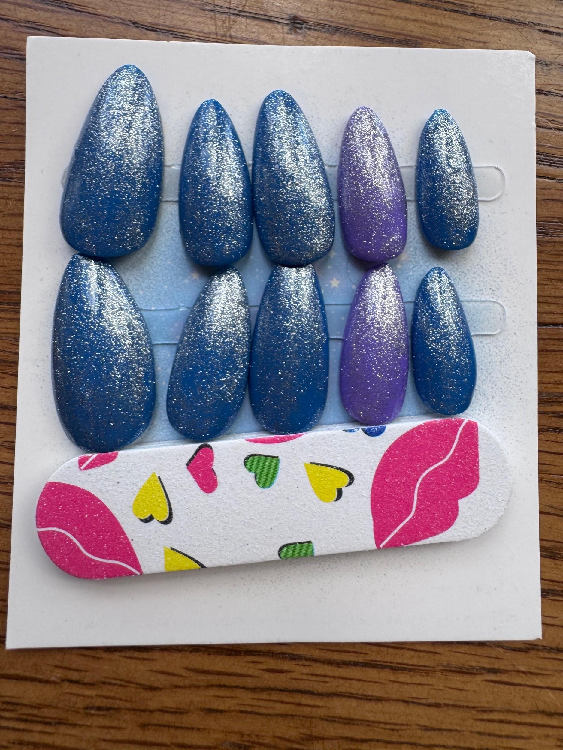 Blue Purple Sparkle hand-painted nail set