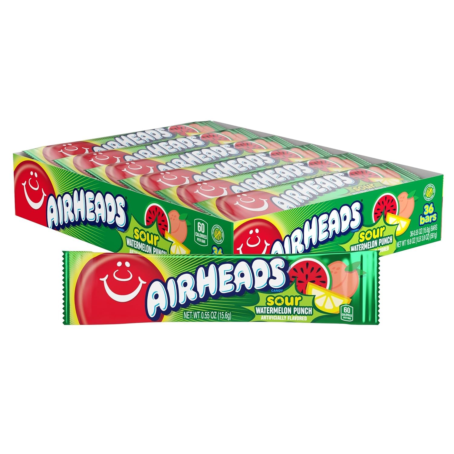 Airheads Singles Sour Watermelon Punch 36 Bars 0.55 Ounce Tray