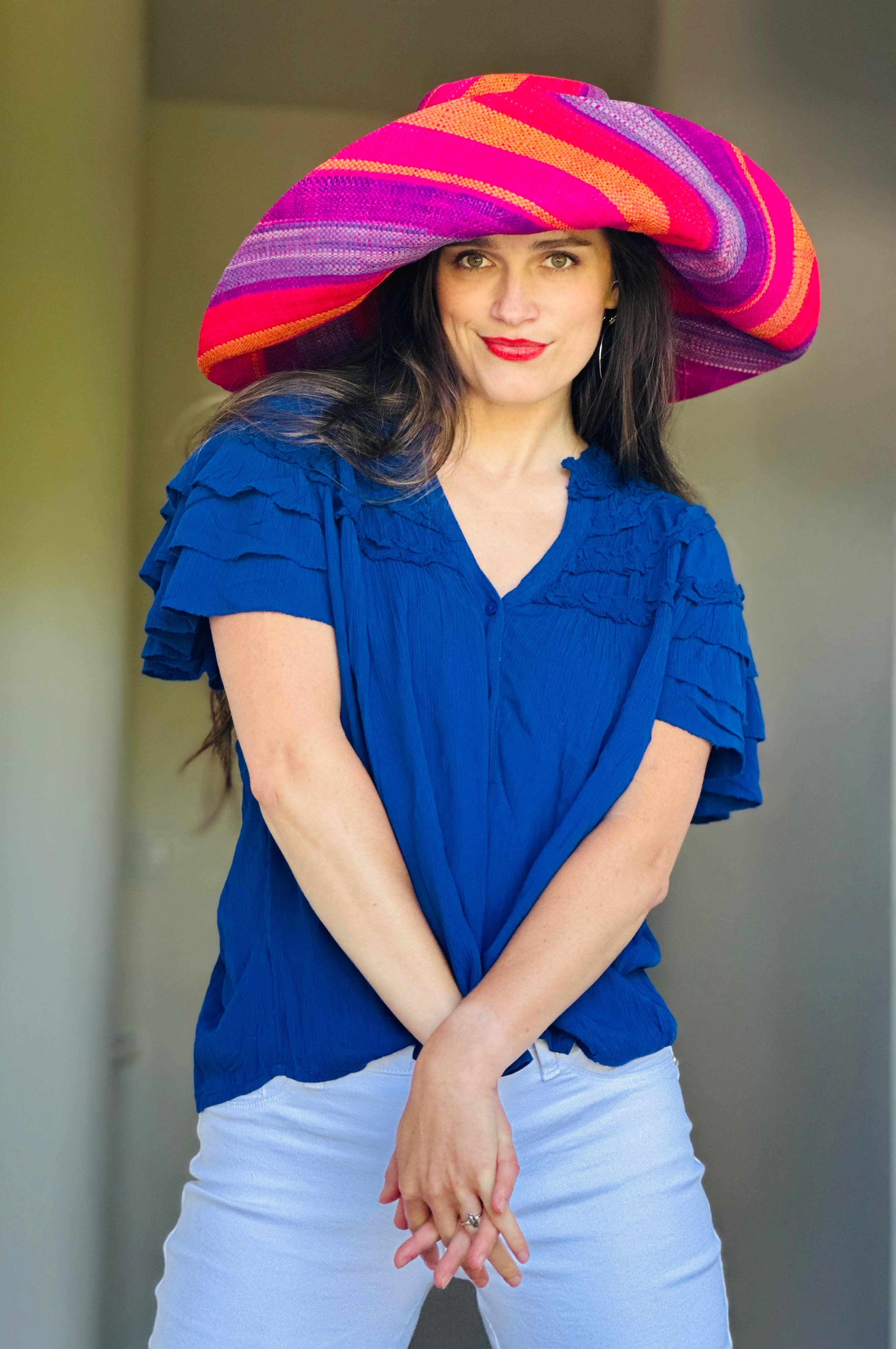5" & 7" Wide Brim Multicolor Stripe Packable Straw Sun Hats
