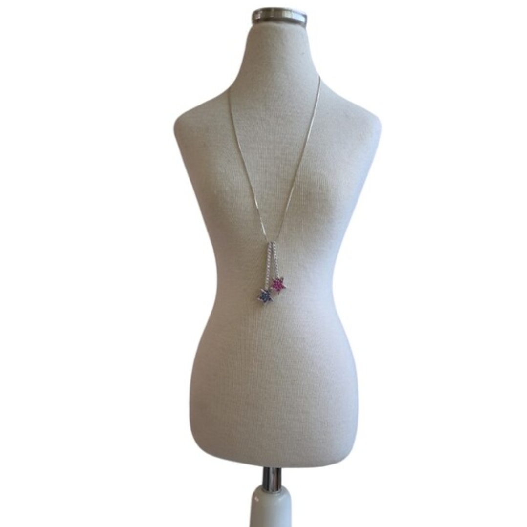 925 Italy Silver Necklace with Pink and Blue Star Charms 21"