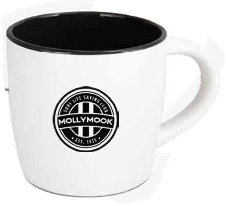 White coffee mug with black interior and a circular Mollymook Surf Life Saving Club logo.
