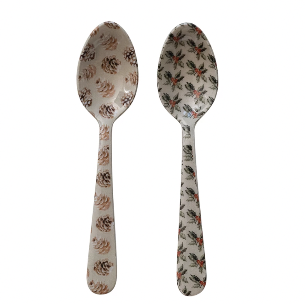 Enameled Stainless Steel Spoon w/ Pinecone/Holly Pattern, 2 Styles