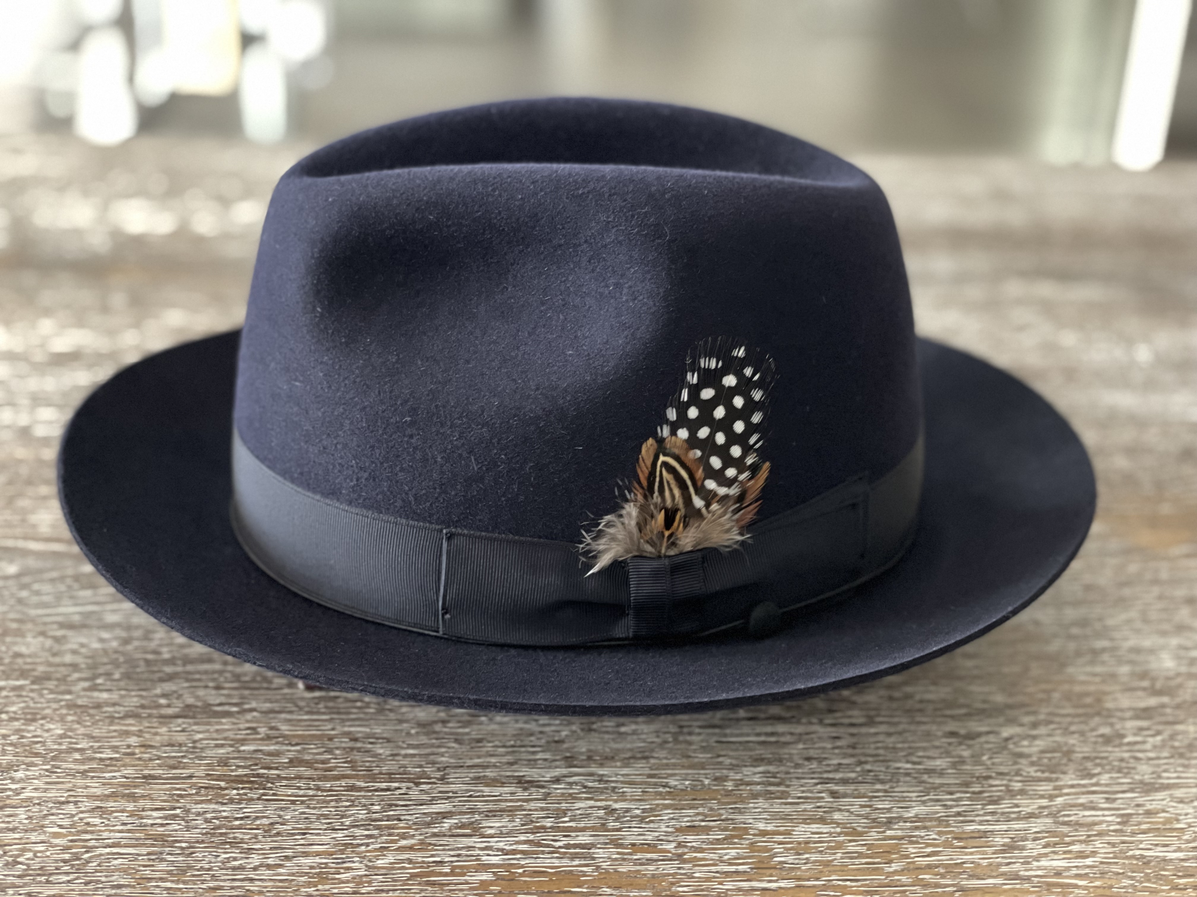 Blue Bollini Fedora with Feather Embellishment