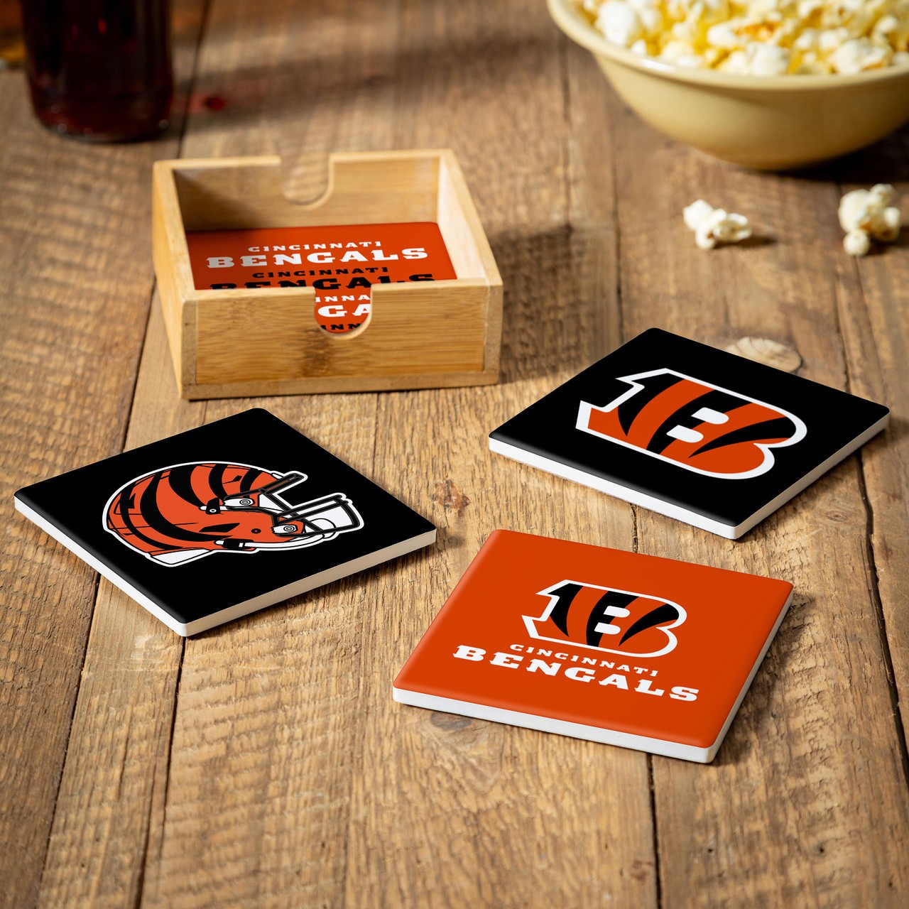 Cincinnati Bengals 4 Piece Coaster Set with Wood Caddy