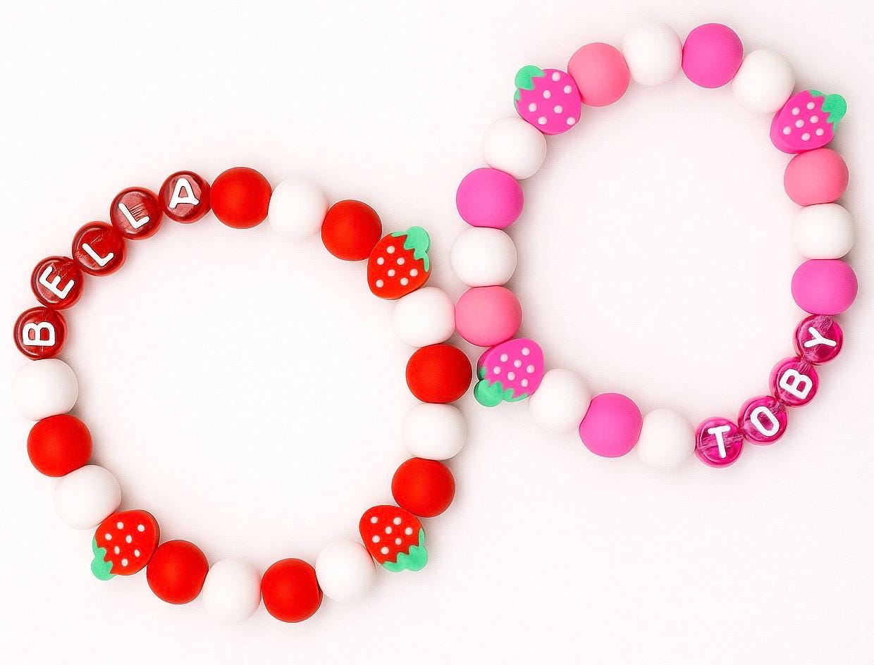 Personalized Strawberry Bracelet – Beaded Name Jewelry, Silicone Kid's Gift, pink & red bracelet
