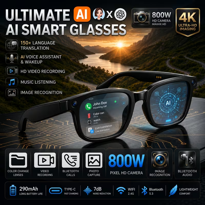 2026 AI Smart Glasses Camera 8MP HD Video Recording Glasses with Audio, Real-Time Translation Wearable Glasses Men Women