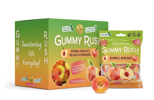 Gummy Rush Atomic Peach Rings Gummy Candy 3.17oz 12ct Tray