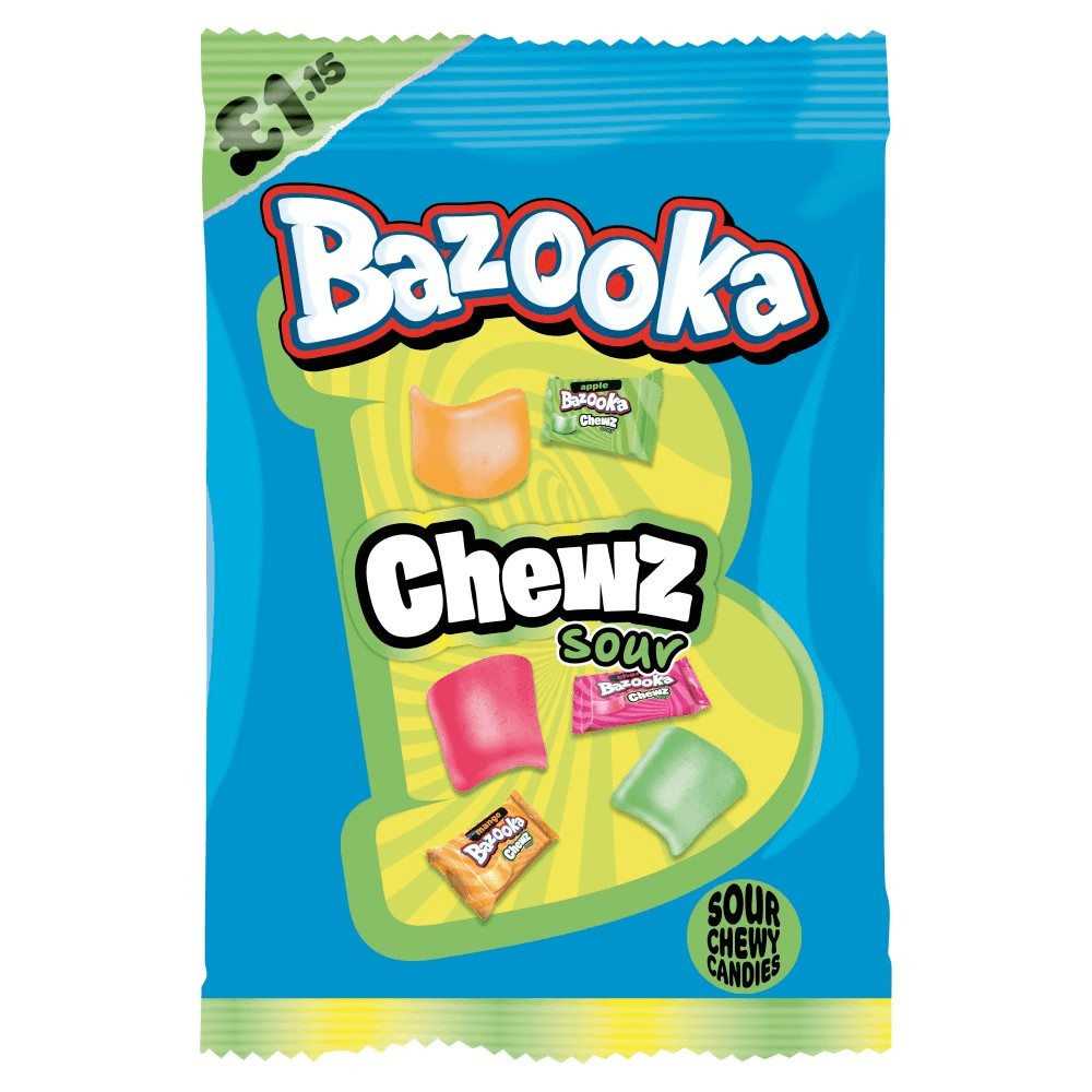 Bazooka UK Chews SOUR Filled Chewy Candy 120g 12ct Peg Tray