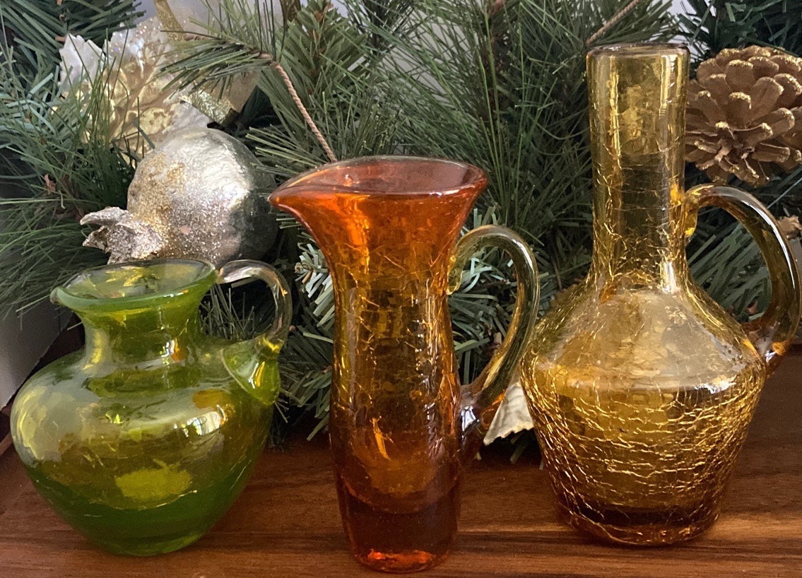 Three Crackel Glass Mini Pitchers
