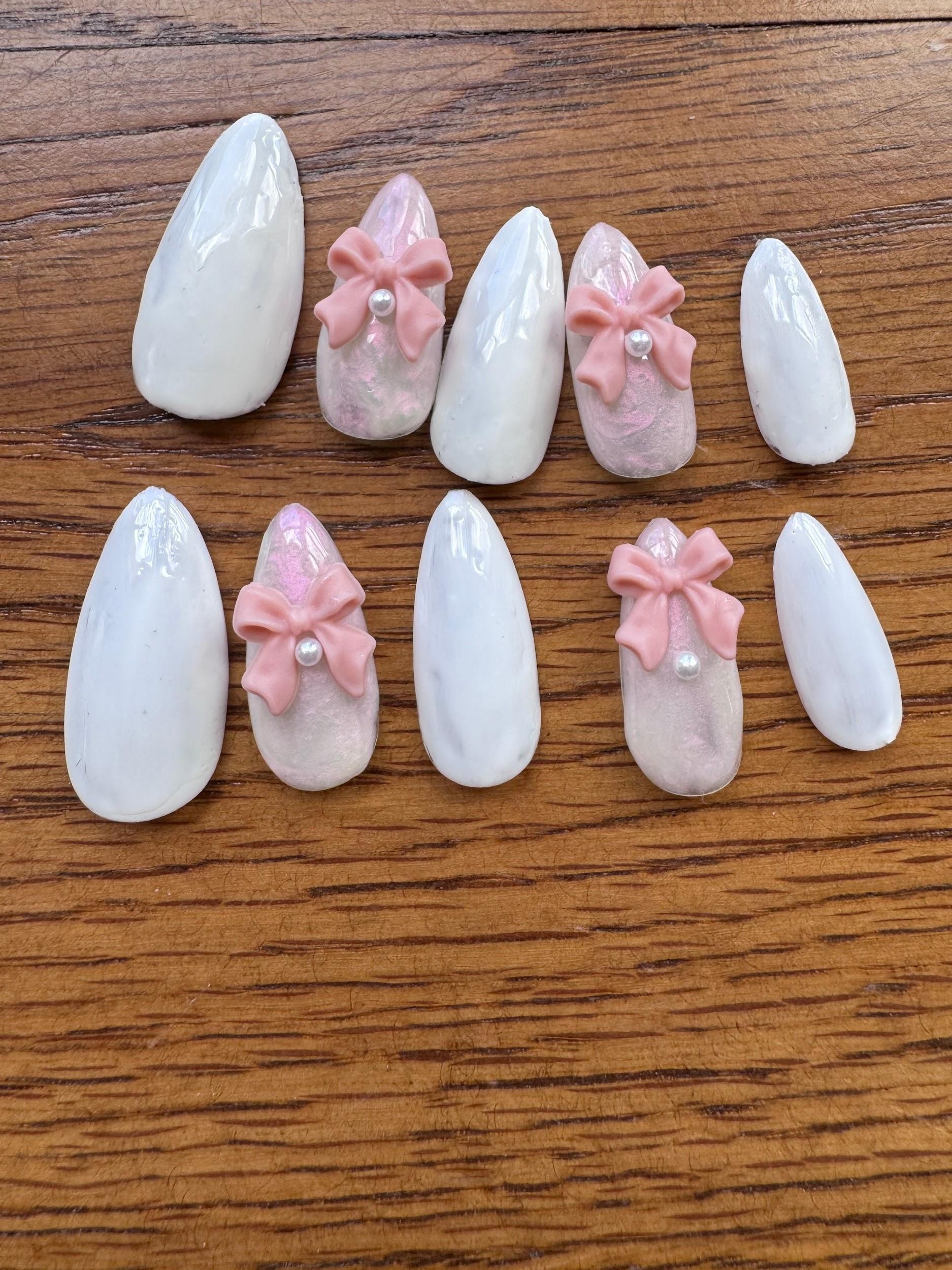 Pearly Pink Bows hand-painted nail set