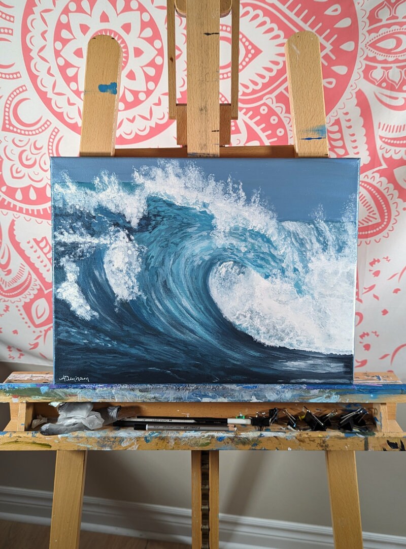 Original Ocean Wave Acrylic Painting: Beach House Seascape Wall Art