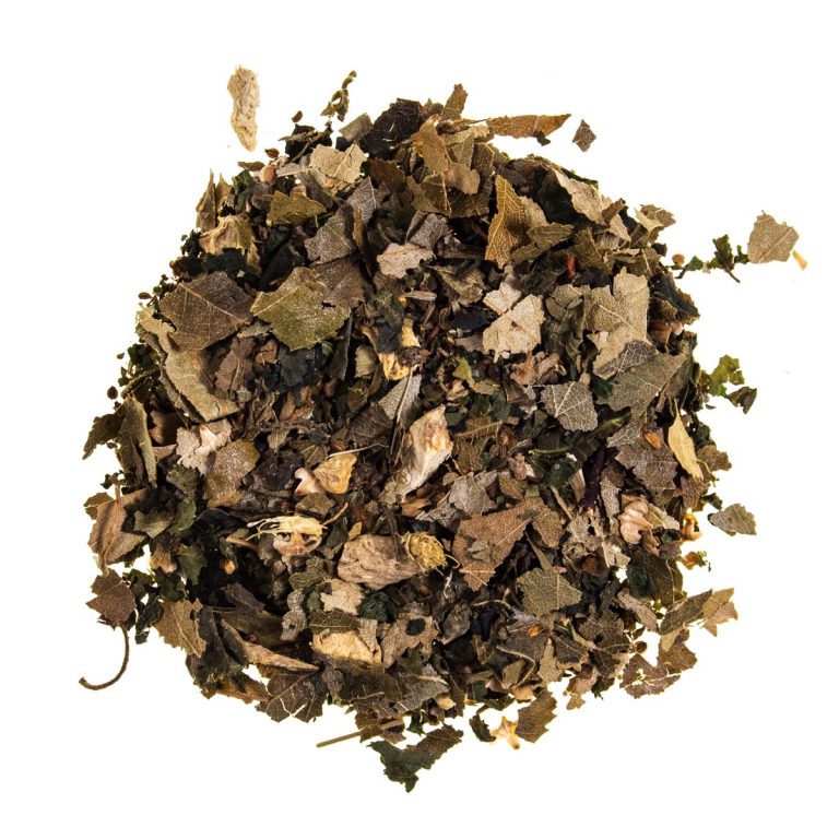 Adore Tea Arthritis Blend loose-leaf herbal tea featuring turmeric, ginger, nettle, and peppermint leaves—displayed in a clear glass scoop with a neutral background, highlighting its vibrant colours and natural anti-inflammatory ingredients.