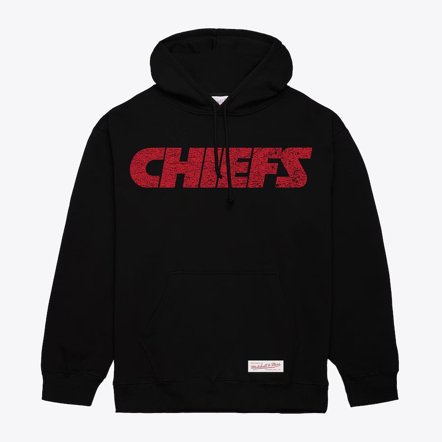 Kansas City Chiefs Black Distressed Mitchell and Ness Wordmark Hooded Sweatshirt