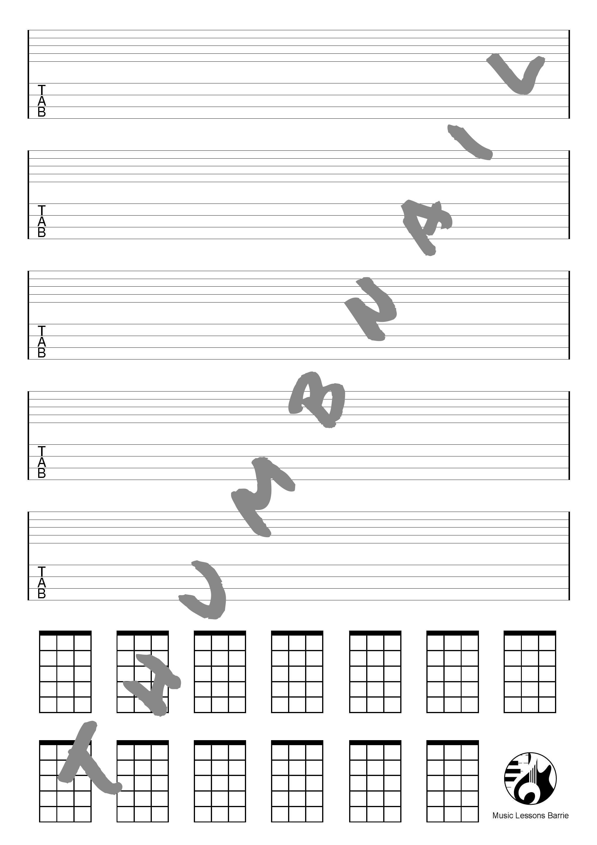 4-String Tablature Manuscript Paper - 5 Staves & 13 Chord Diagrams - 50 Pages