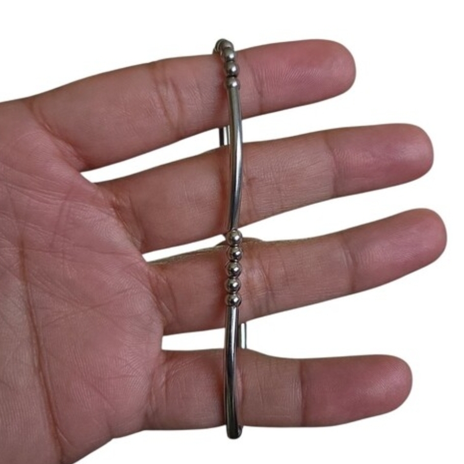 Silver Tone Beaded Double Bangle Stretch Bracelet
