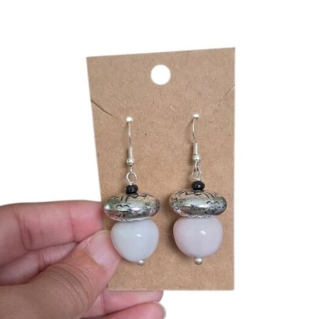 Vintage Handmade White Pink Bead Drop Earrings with Silver Toned Tribal Accents
