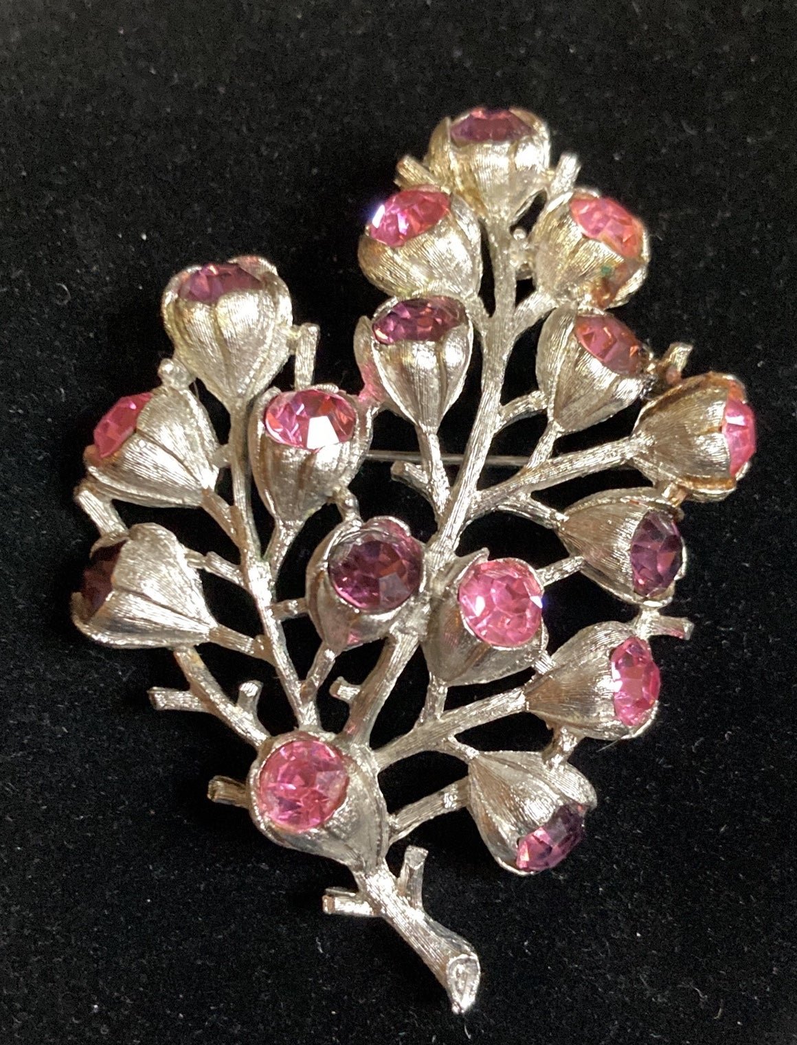 Sara Coventry Brushed Silver-tone Purple Pink Rhinestones Flowers Brooch