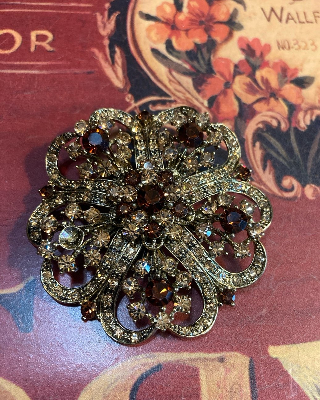 Vintage Rhinestone Flower Brooch Edwardian Victorian Layered Dimensional