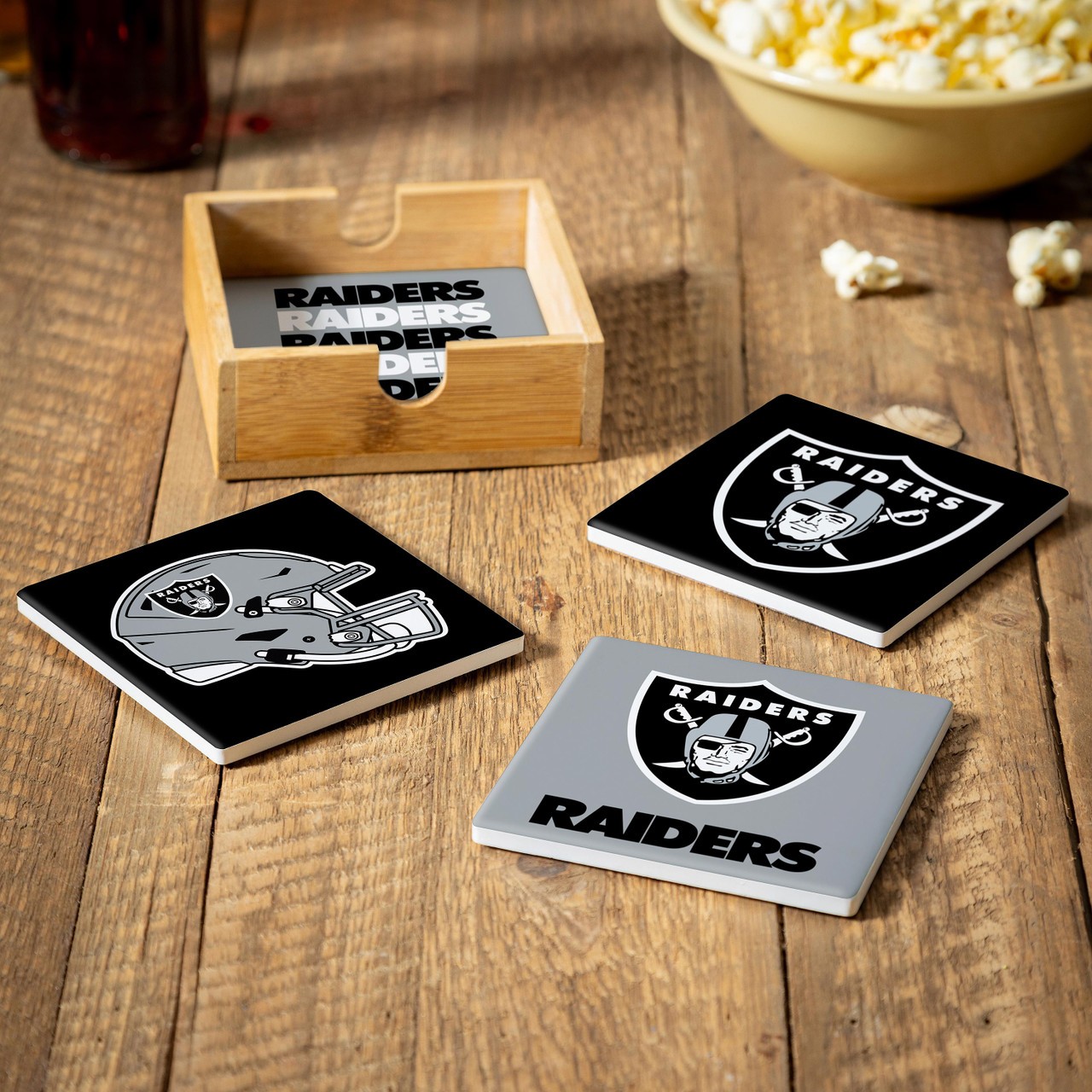 Las Vegas Raiders 4 Piece Coaster Set with Wood Caddy