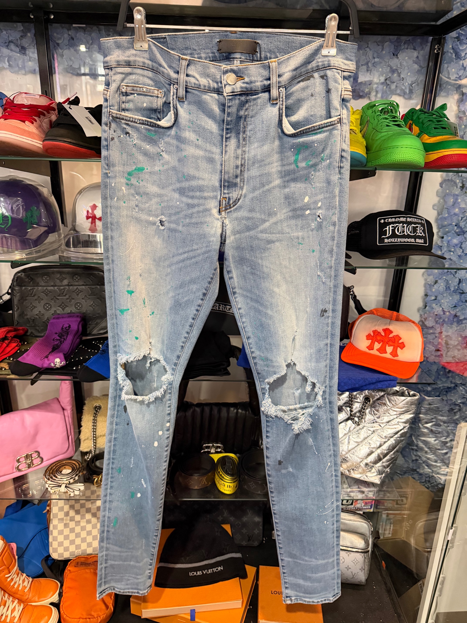 Amiri  Blue Distressed Paint Splatter Denim Jeans ( USED )
