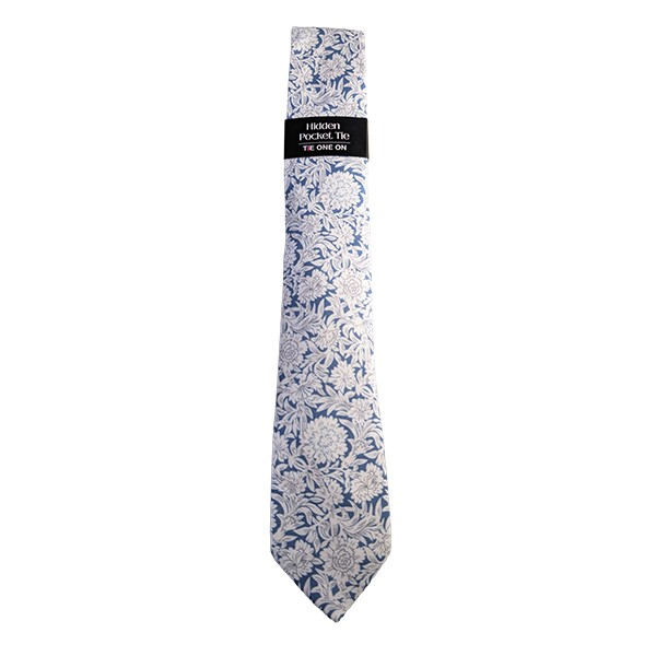 French Blue Cream Floral Hidden Pocket Tie