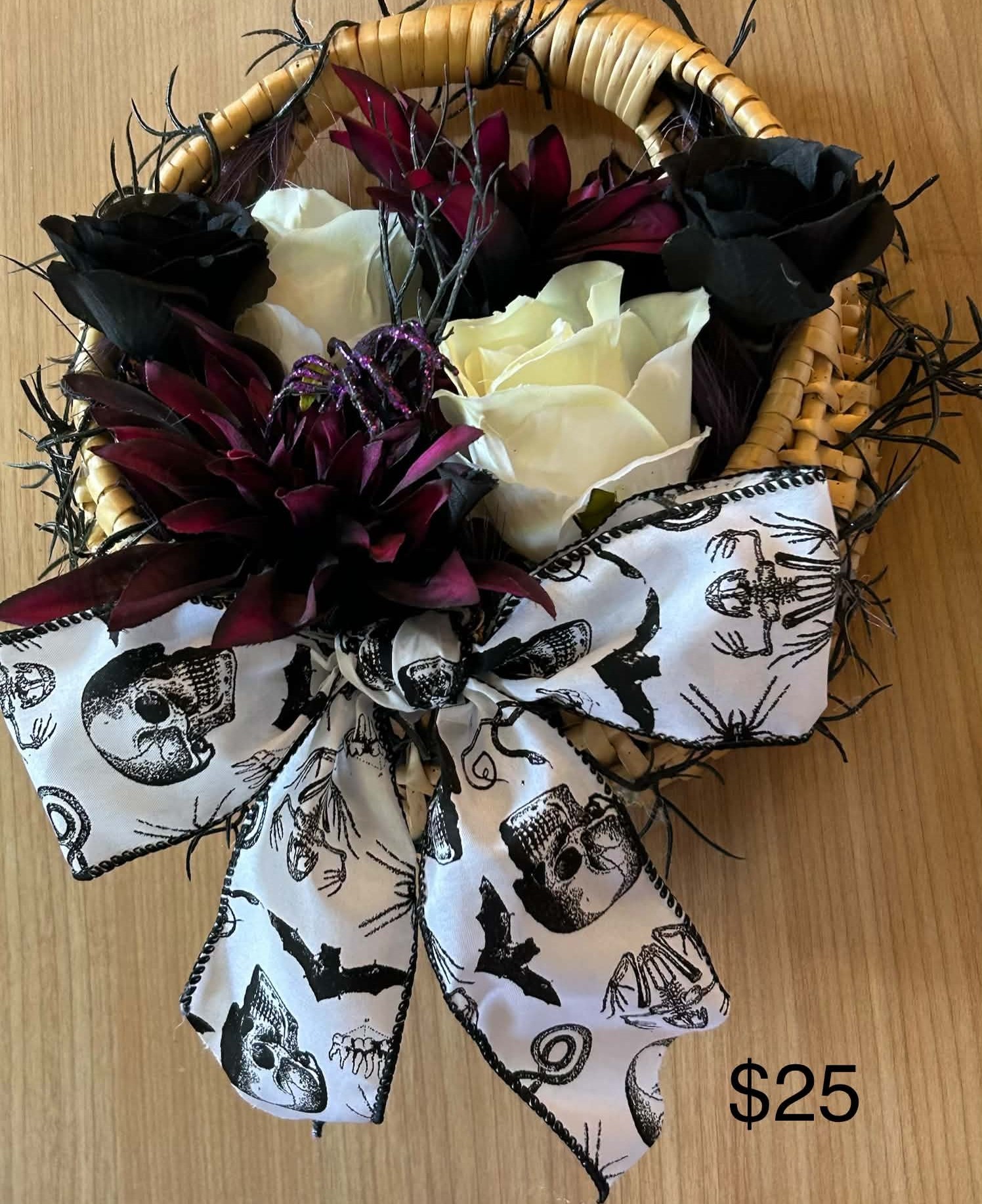 Wall Hanging - Purple/Black/White Flowers with Skull Ribbon