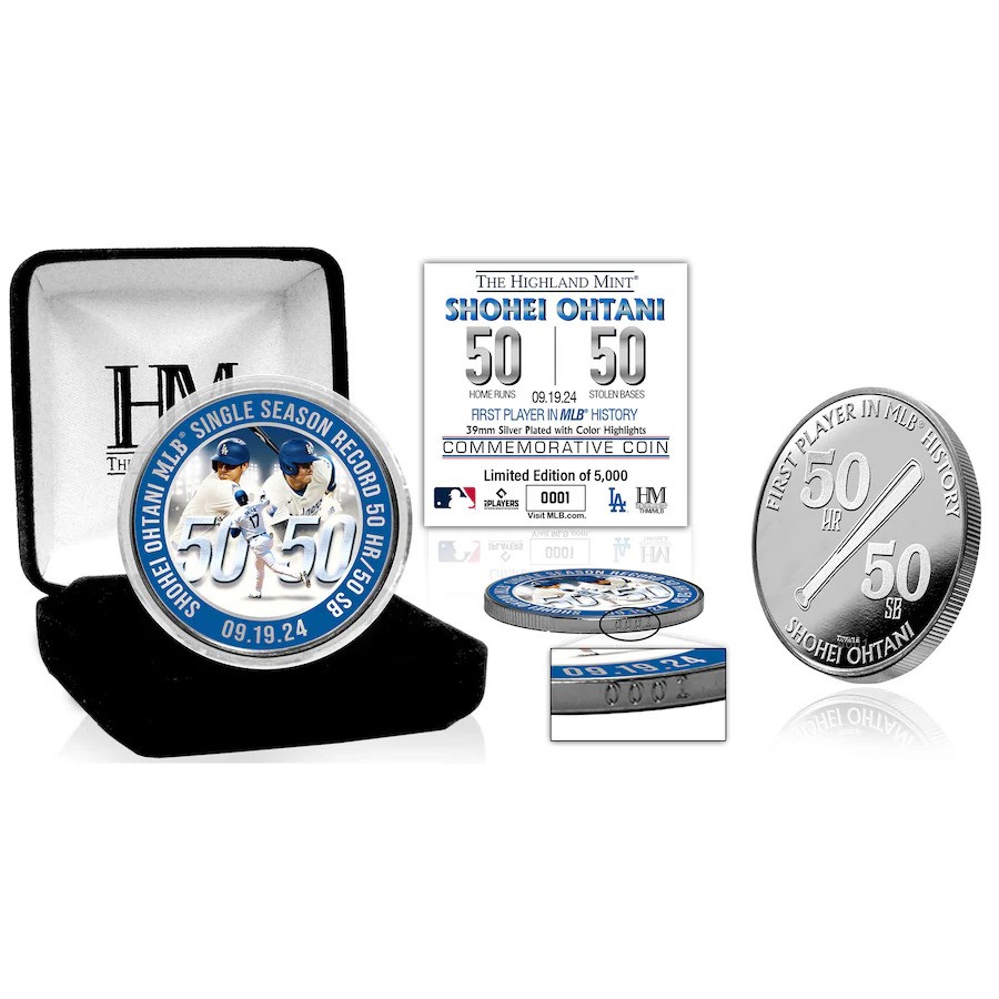 Los Angeles Dodgers Shohei Ohtani Highland Mint 50/50 MLB Record 39mm Silver Plated Coin