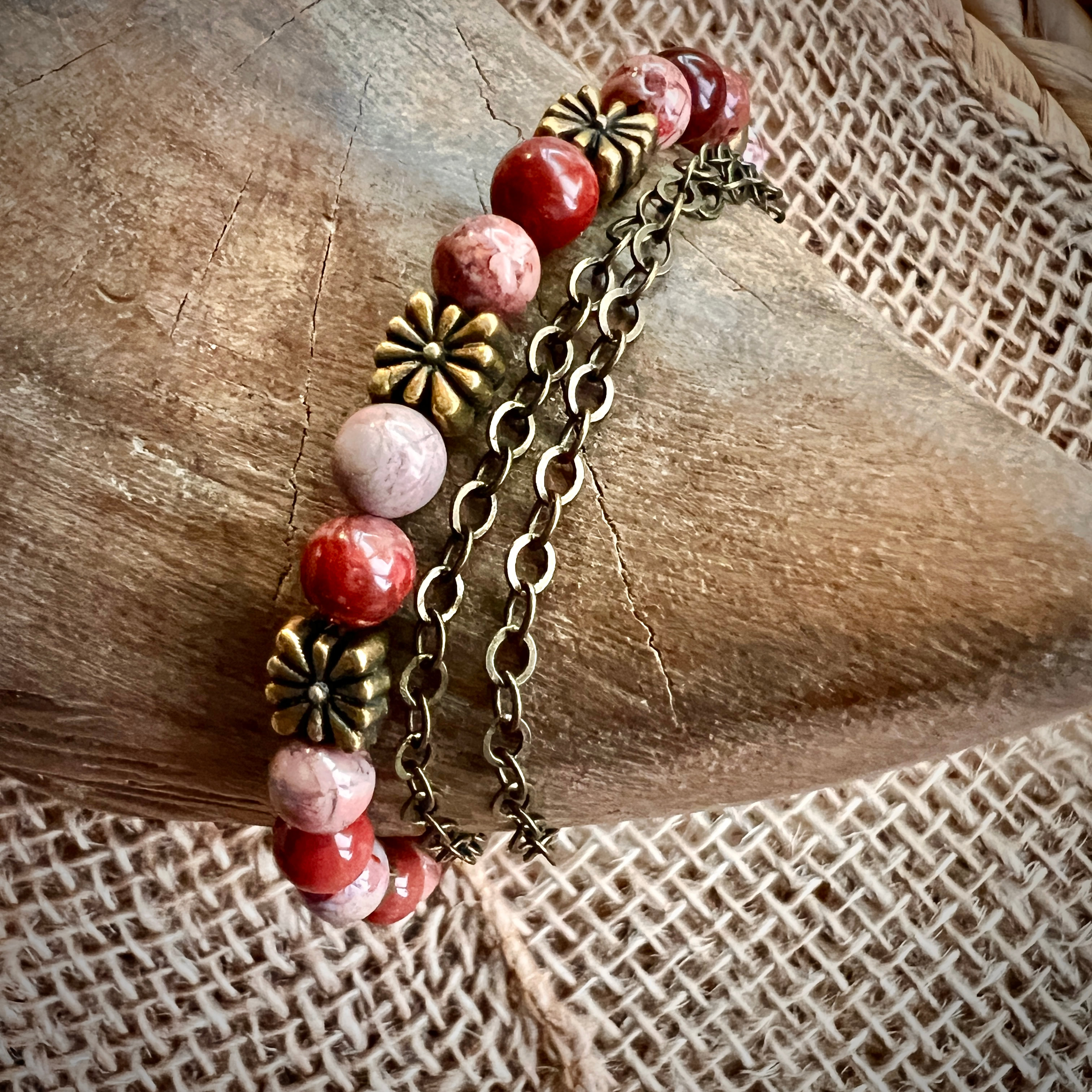 Red Porcelain Jasper & Antique Brass Chain Bracelet