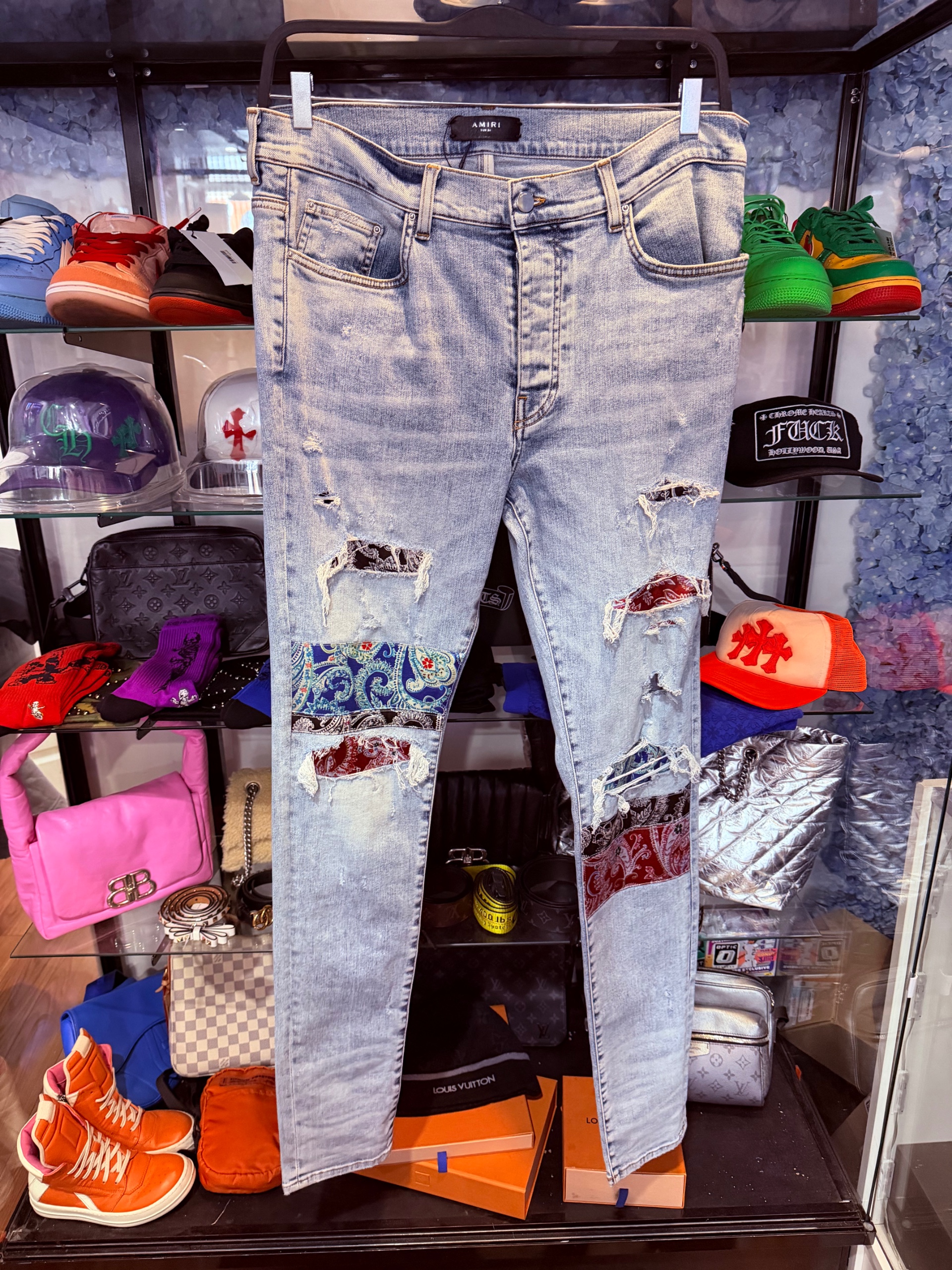 Amiri Pajama Art Patch Skinny Jeans 'Blue' ( USED )