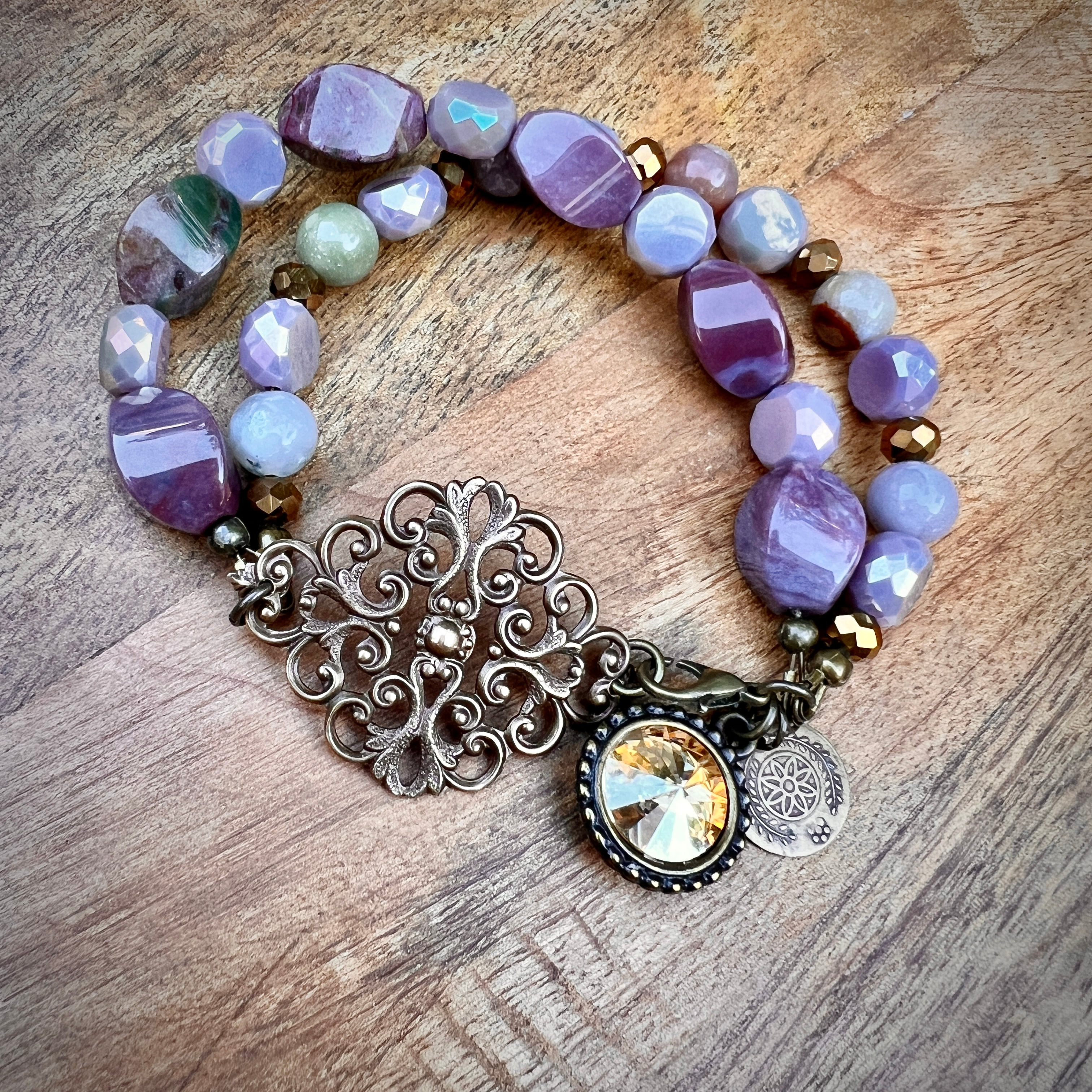 Size 7.5" Indian Agate Twist & Vintaj Natural Brass Double Strand Bracelet with Swarovski Crystal Rivoli