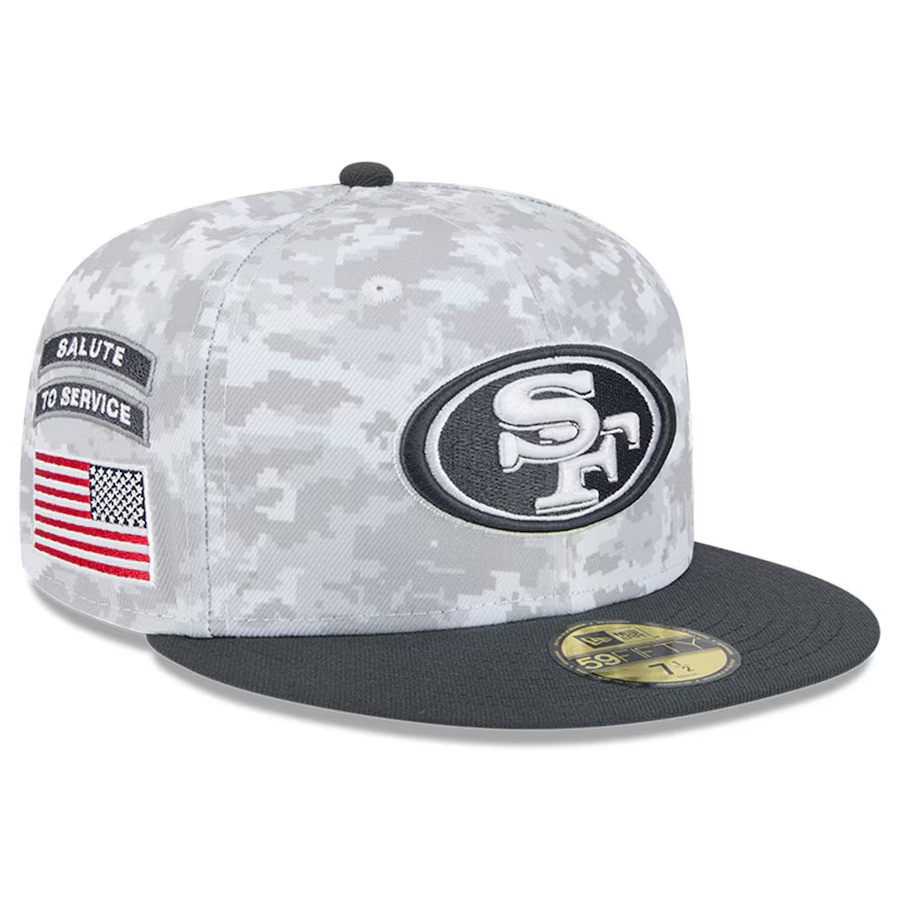 San Francisco 49ers 2024 New Era 59FIFTY Salute to Service Fitted Hat - Arctic Camo/Graphite