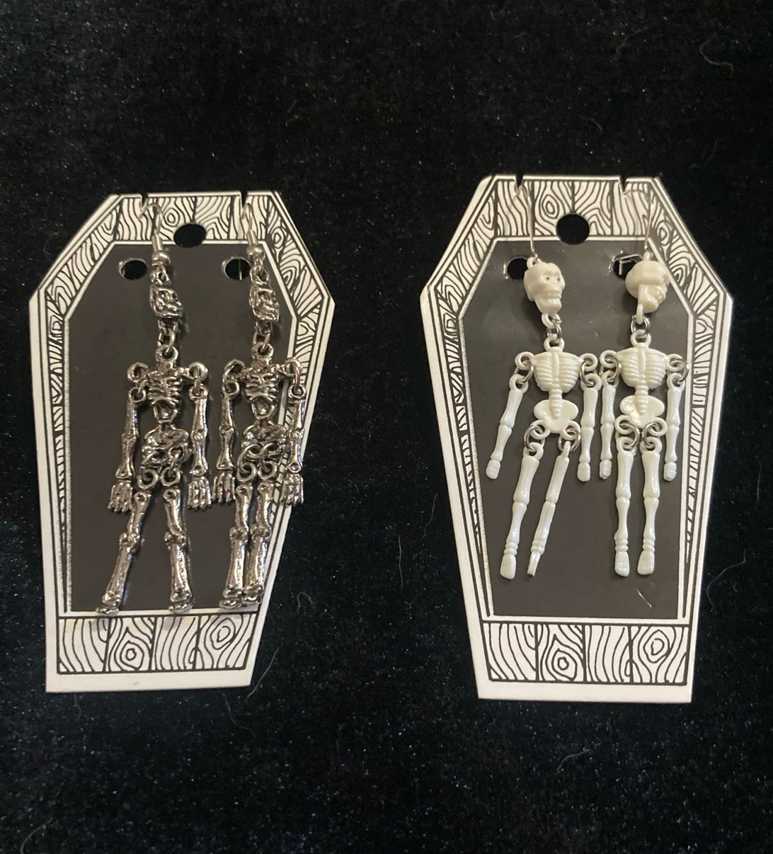 SKELETON DANGLING EARRINGS SILVER TONE AND WHITE