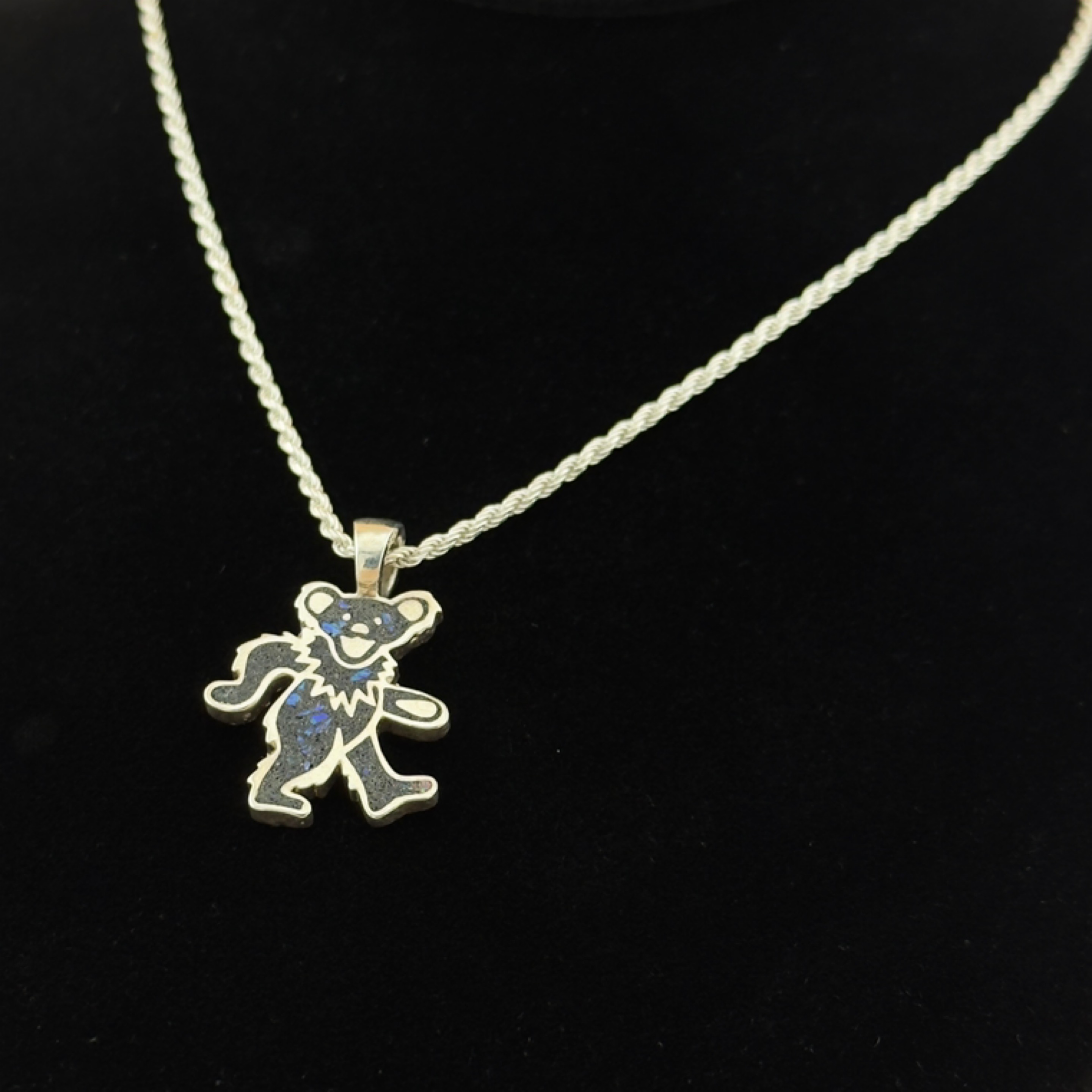 Marching Bear Pendant – Black Tourmaline / Opal, 925 Sterling Silver