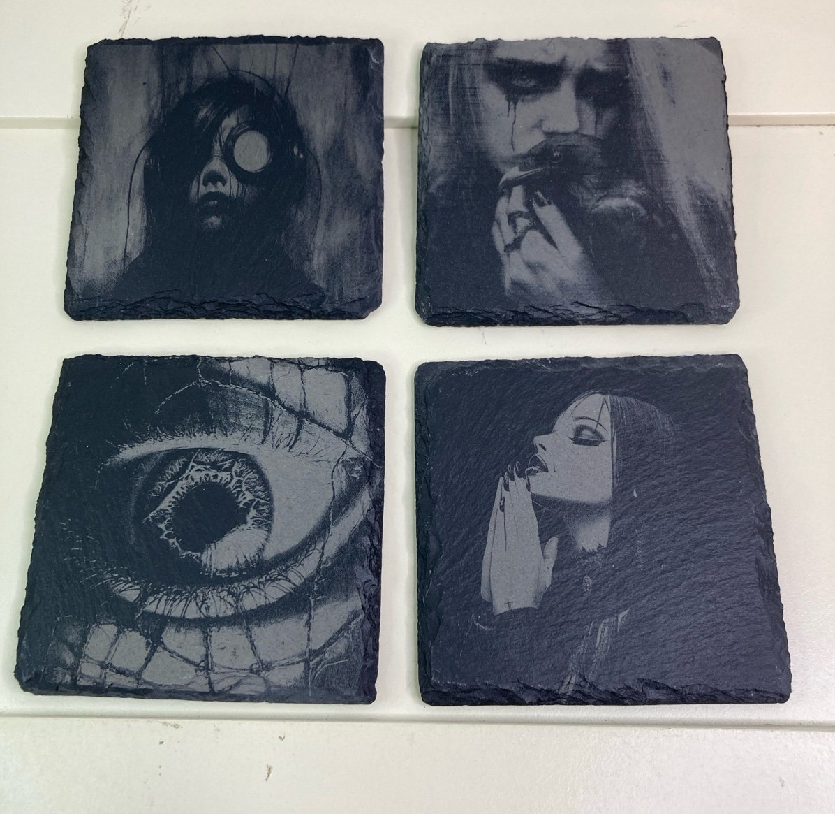 Set of 4 Laser-Engraved Black Slate Gothic Coasters Decorations Spooky