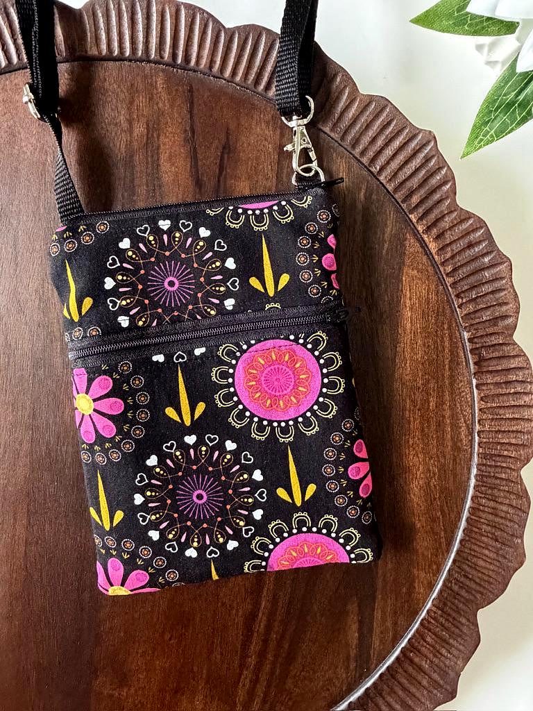 Small Crossbody Bag – Folk Floral on Black – handmade crossbody bag