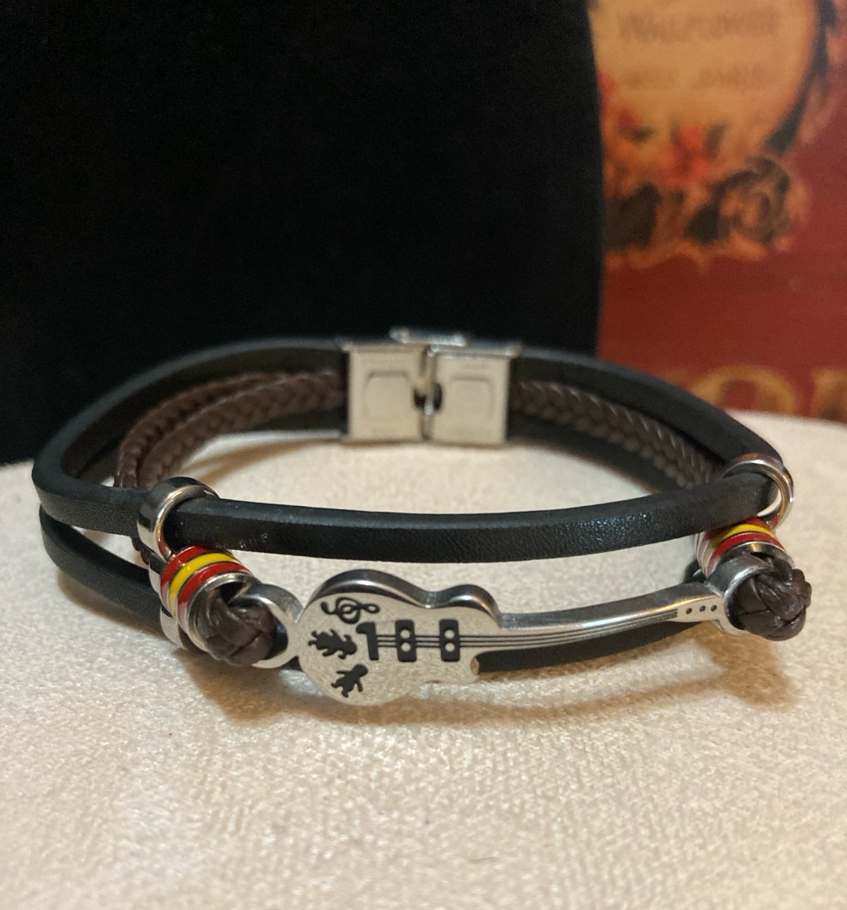 Gents Leather 3 Strap Steel Guitar Bracelet